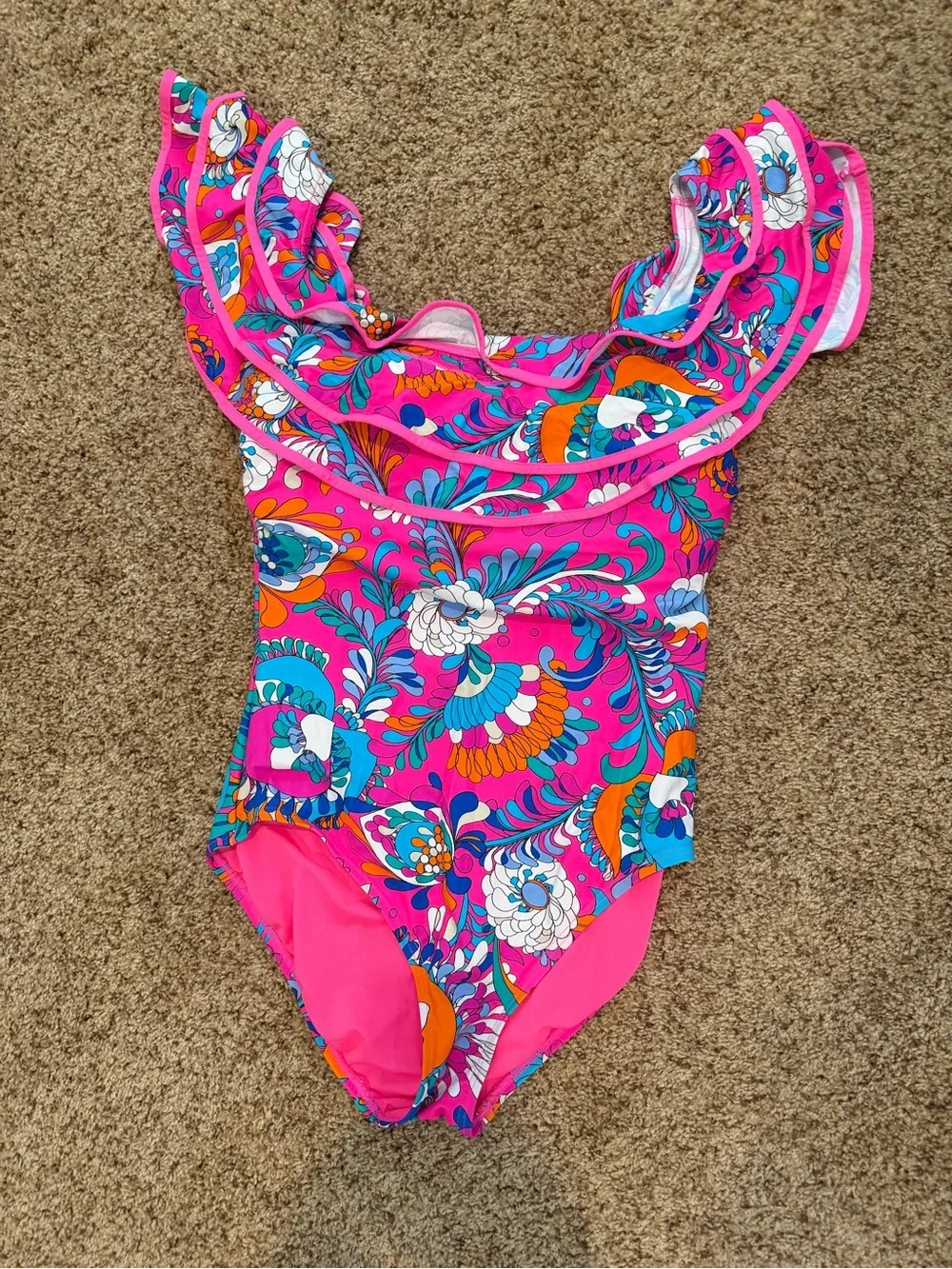 Womens Pink Floral Ruffle One-Piece Swimsuit